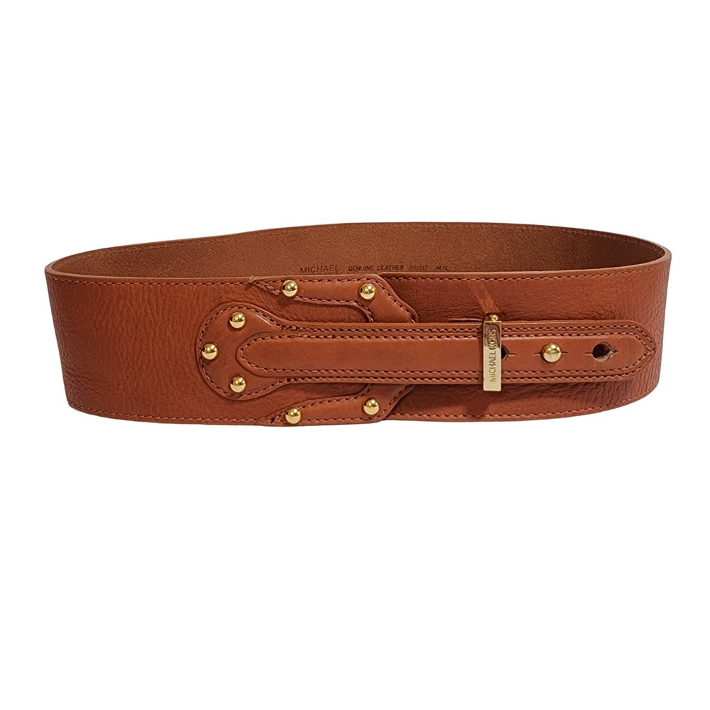 Michael Michael Kors Wide Leather Belt Large Tan w/Gold Buckle